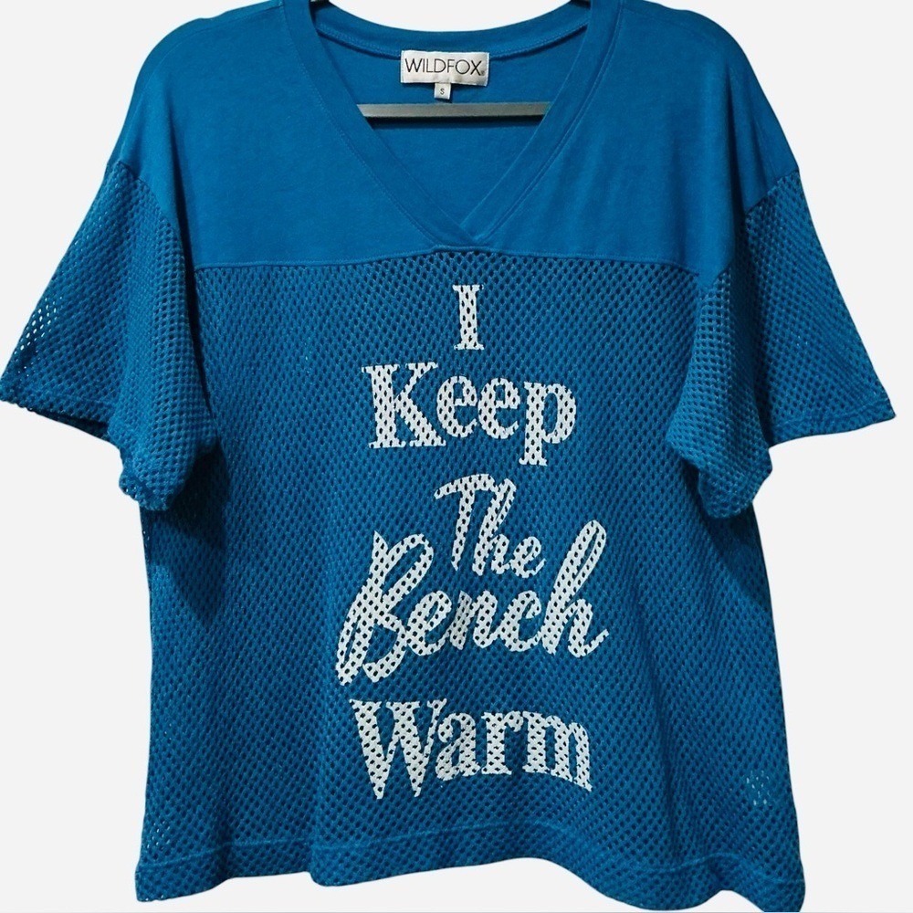 Wildfox "I Keep The Bench‎ Warm" Mesh Jersey Top Small Blue Tee Shirt